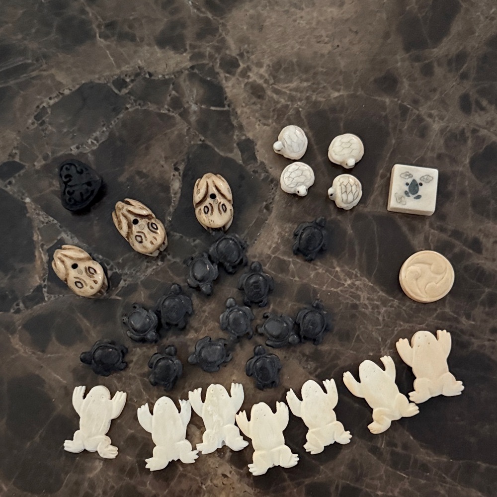 Thirty carved bone frogs turtles ying yang cinnabar heart very unique designs